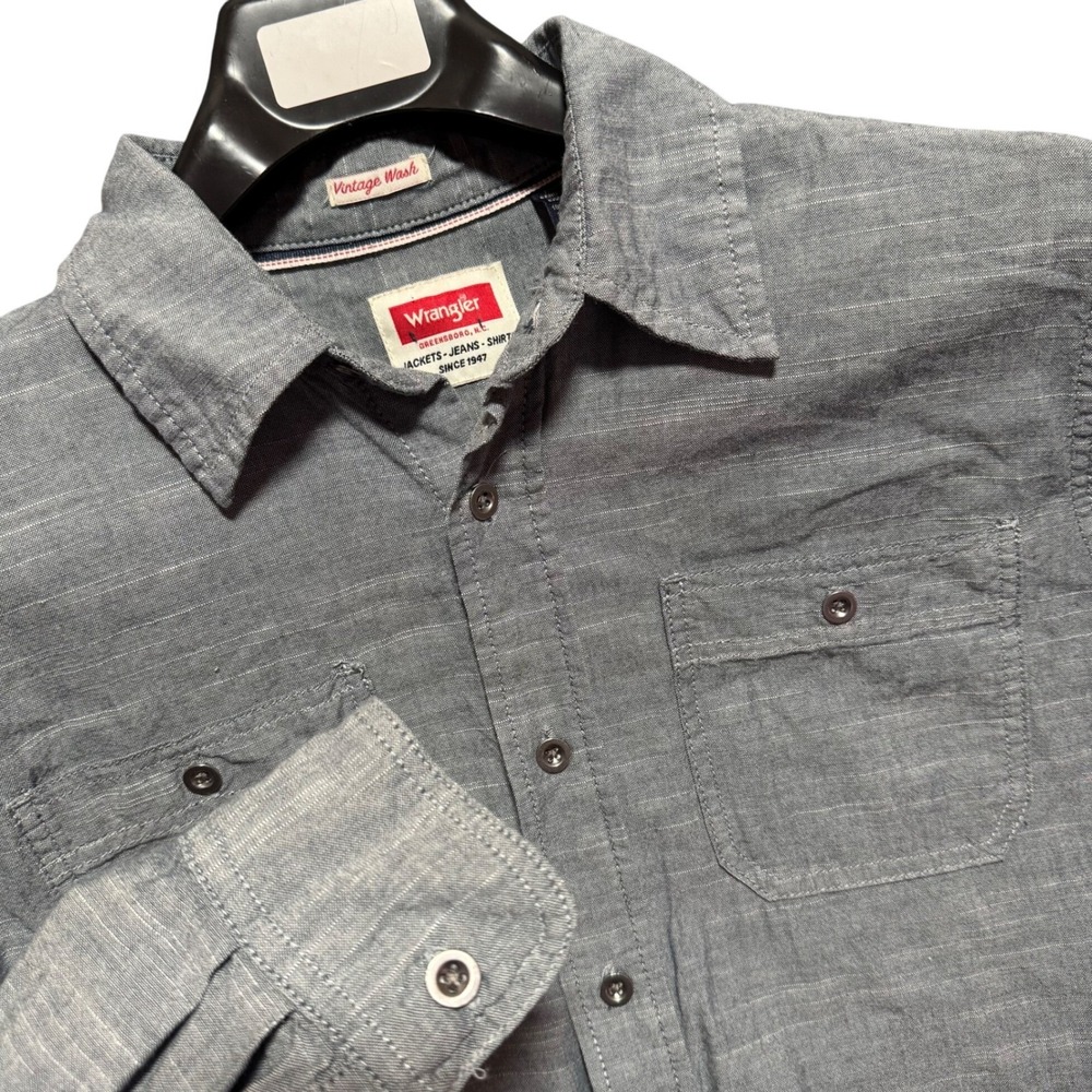 Wrangler Mens Gray Long Sleeve Button Up Shirt M Vintage‎ Wash Metal Button Work
